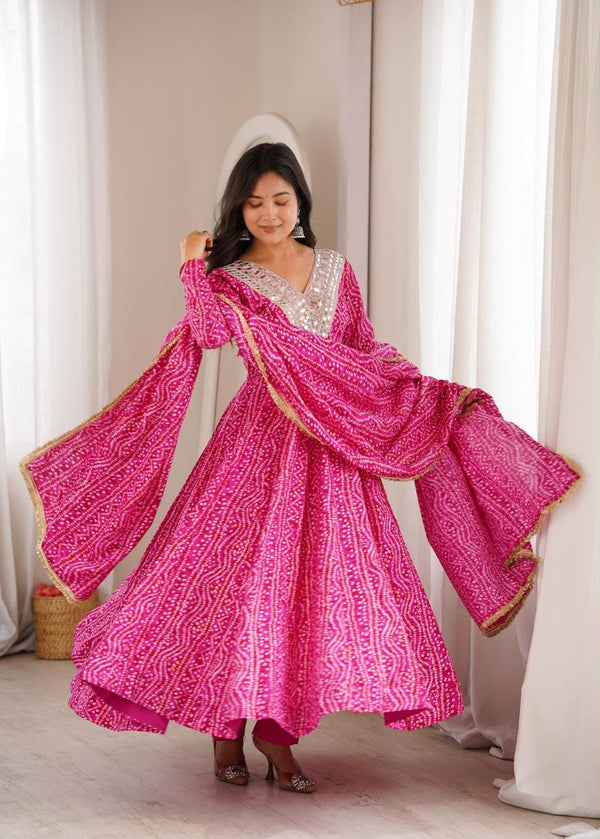 Pink Bandhej print Anarkali Gown Salwar suit with Dupatta (Copy)