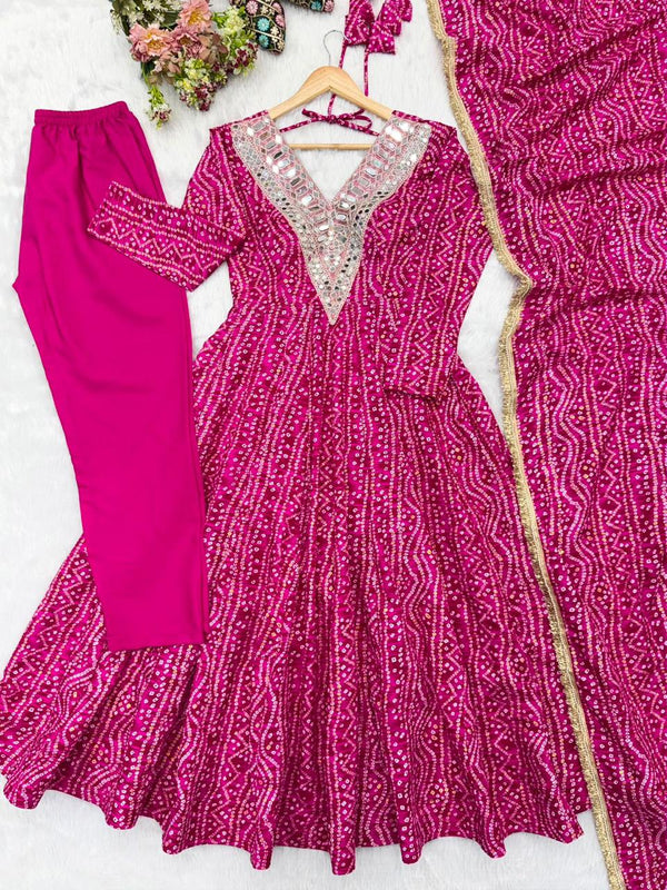 Pink Bandhej print Anarkali Gown Salwar suit with Dupatta (Copy)