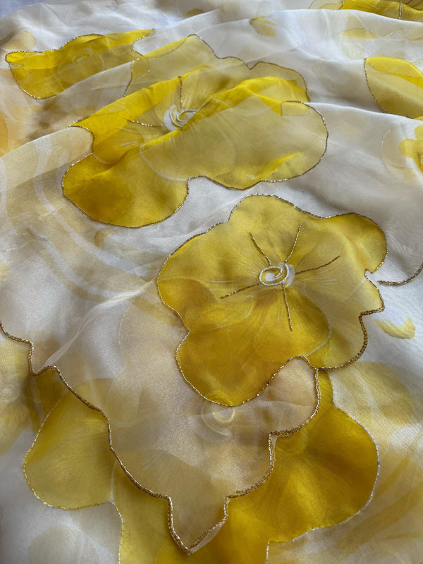 Daisy Yellow and white Soft Organza saree with stitched blouse