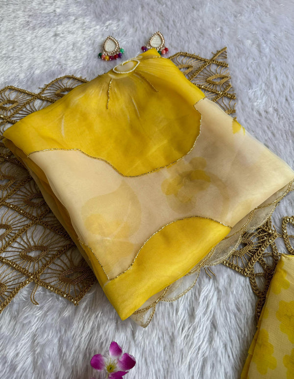 Daisy Yellow and white Soft Organza saree with stitched blouse