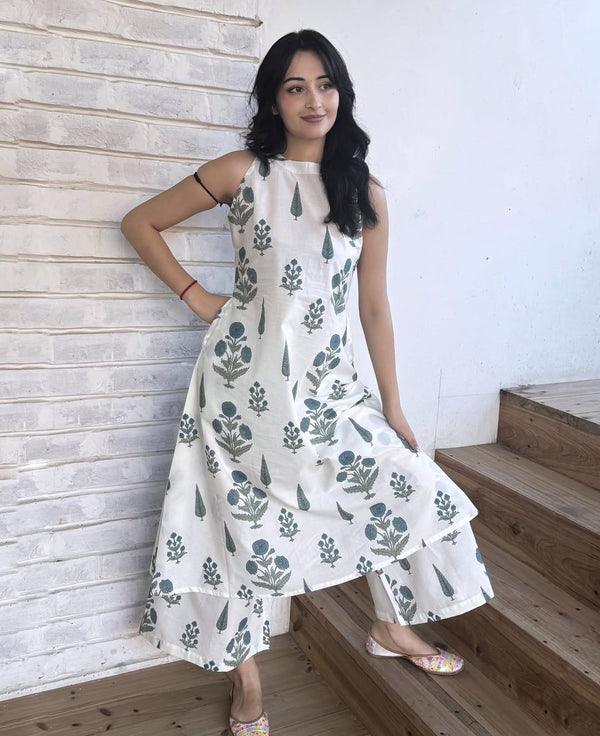 Jaipuri White Cotton Floral Printed Kurti Pallazo Salwar Suit Set
