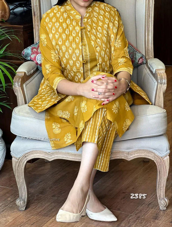 Jaipuri Yellow Cotton Floral Printed Kurti Pantwith Quilted Printed Jacket Salwar Suit Set