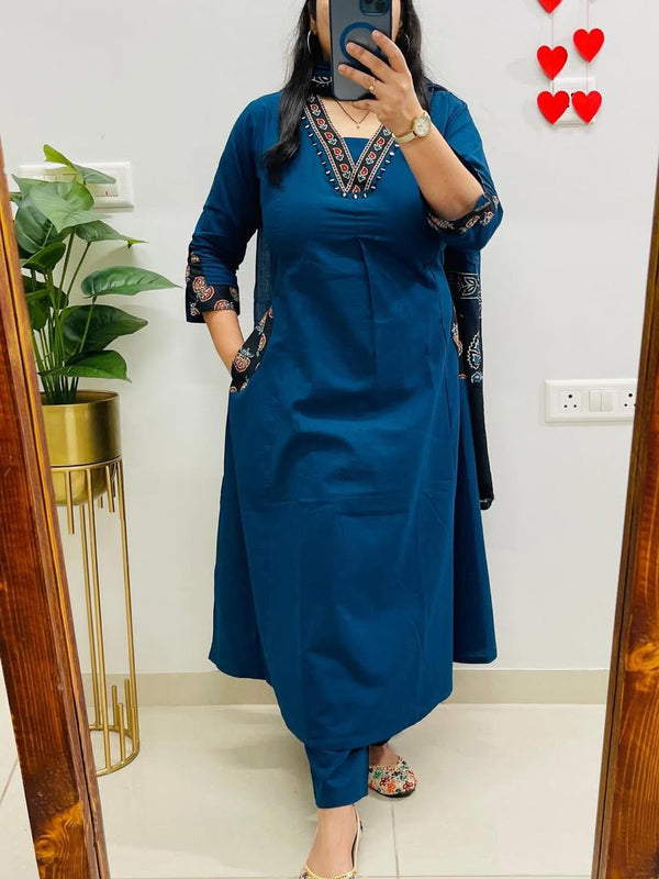 Jaipuri Cotton V Neckline Salwar suit set