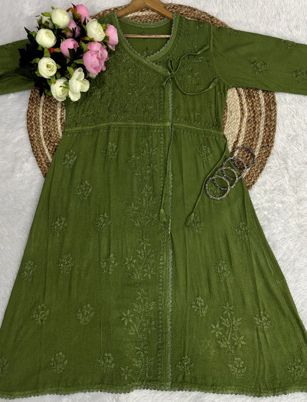 Pure Ghaspatti Chikankari Angarkha A line Kurti Top/Tunics