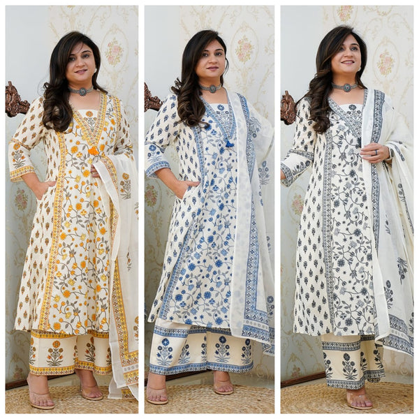 V Neckline white Floral kurti salwar suit set