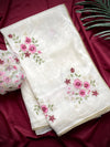Classy Pink floral embroidery work saree on off white crush silk