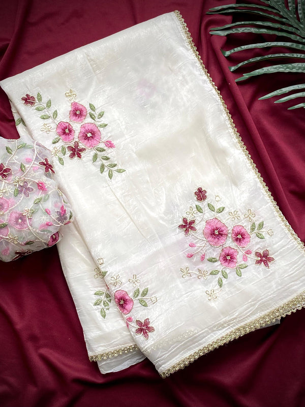 Classy Pink floral embroidery work saree on off white crush silk