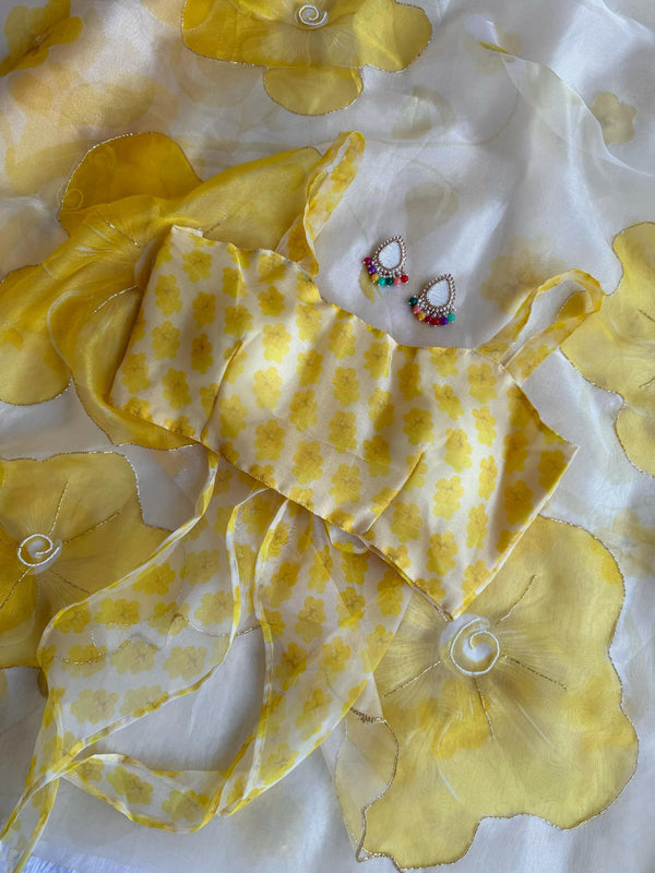 Daisy Yellow and white Soft Organza saree with stitched blouse