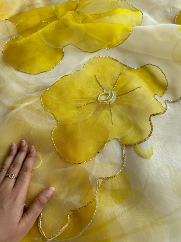 Daisy Yellow and white Soft Organza saree with stitched blouse