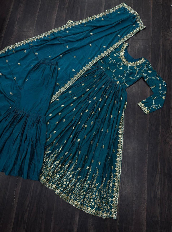 Gown Style Designer Teal Color Sharara Salwar Suit