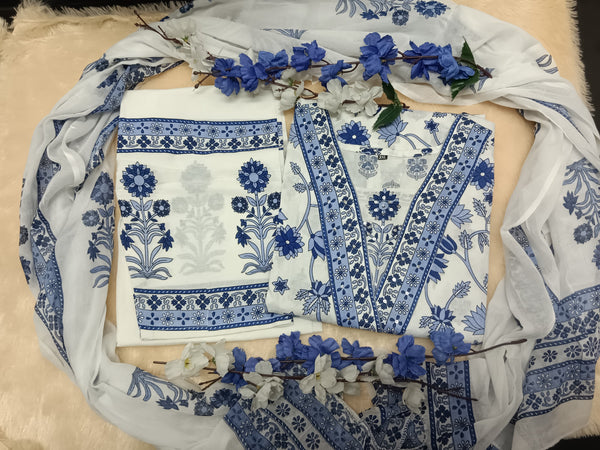 V Neckline white Floral kurti salwar suit set