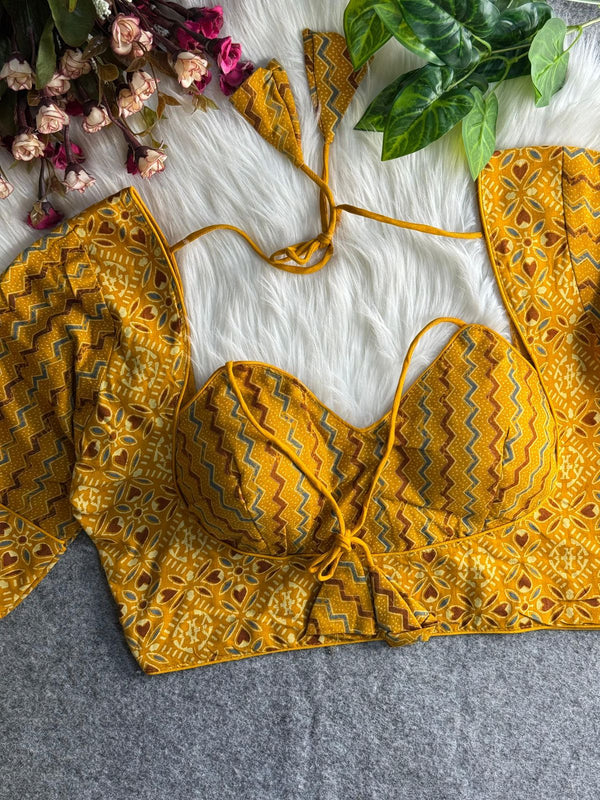 Designer Cotton Ajrakh Printed Blouse in Yellow