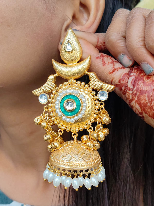 Kashmiri Style Golden tone stone embedded Jhumka Earrings