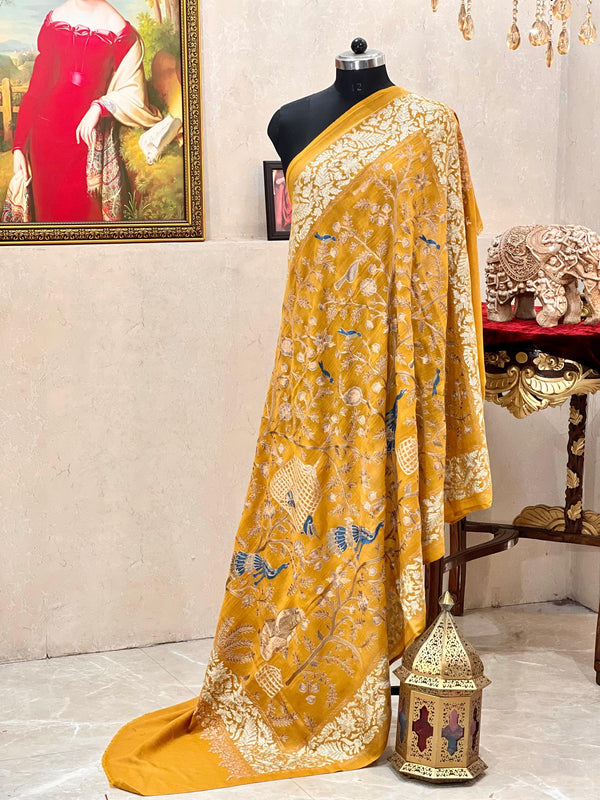 Soft Pashmina Nalki Kashmiri work Musturd Yellow Shawl