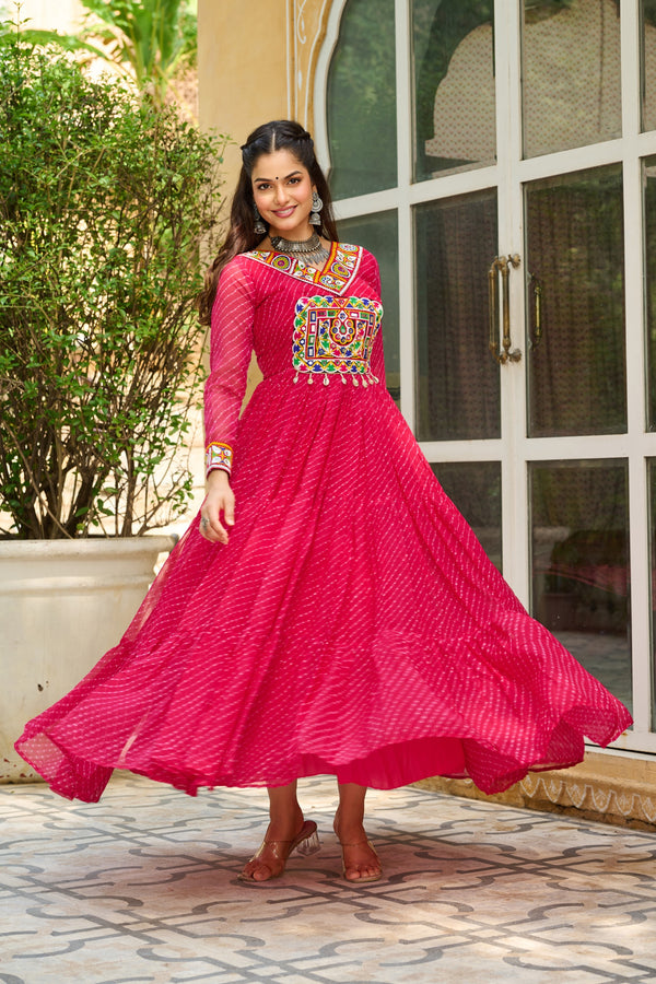 Hot Pink Rani Gamthi work Long Sleeve Fliary Ethnic Gown dress