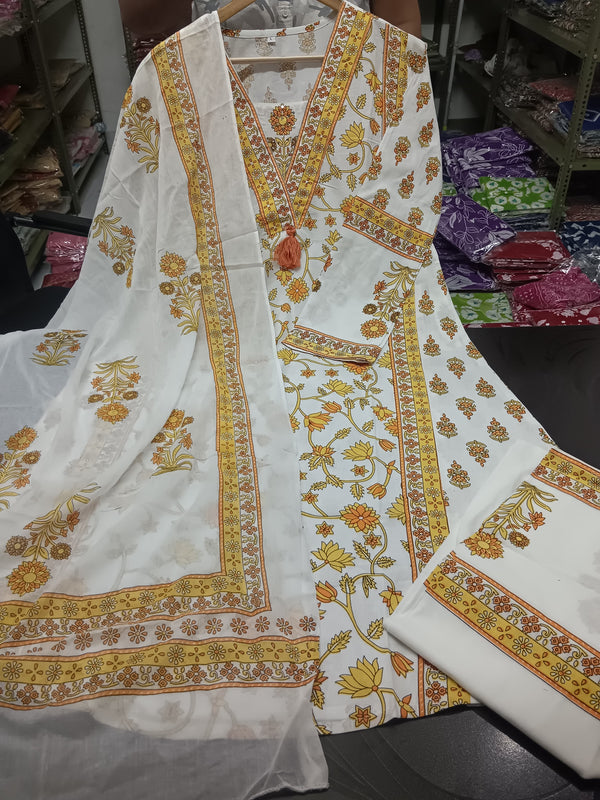 V Neckline white Floral kurti salwar suit set