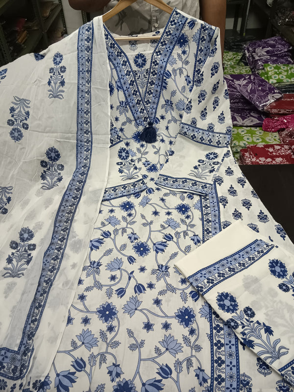 V Neckline white Floral kurti salwar suit set