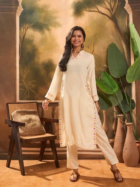 Casual Rayon Cotton Blend Embroidered Kurti Pant Set