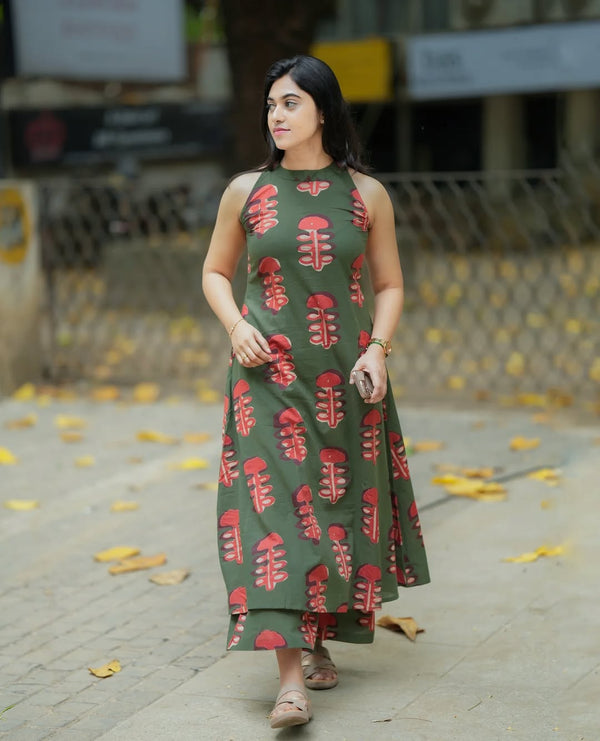 Jaipuri Dark Green Cotton Floral Printed Kurti Pallazo Salwar Suit Set