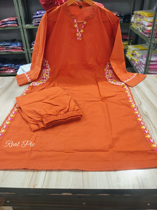 Casual Rayon Cotton Blend Embroidered Kurti Pant Set
