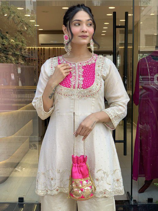 Off White Designer Bandhej Coord Sets