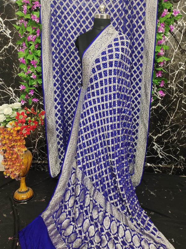 Pure Khaddi Georgotte Banarasi Nakshi Bandhej Saree in Royal Blue