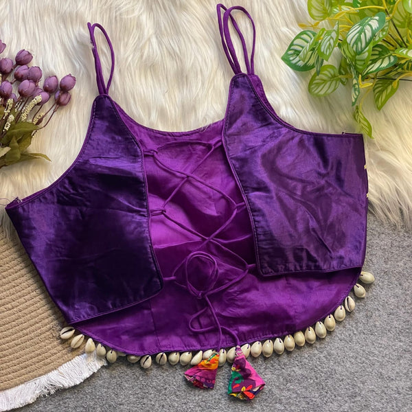 Deep Purple Designer Strap Pure Silk Blouse with Real Kodi Border