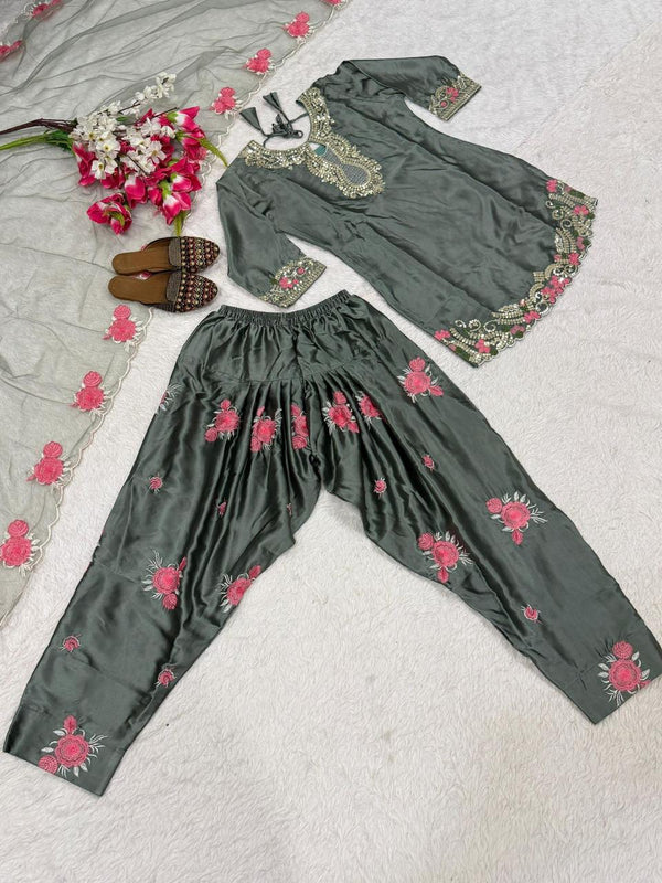 Floral SatinFarshi Kurti Salwar Set