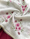 Classy Pink floral embroidery work saree on off white crush silk