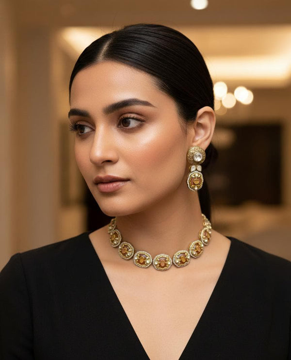 Statement Semi Precious Stones Choker Necklace with Earrings