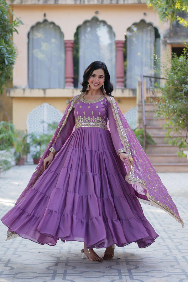 Purple Georgotte Long Floor length Flairy Gown Dress
