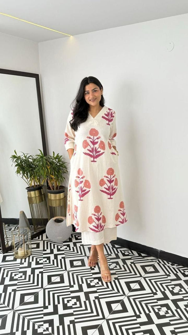 Jaipuri Mal Cotton Kalamkari Printed Kurti Pallazo Set