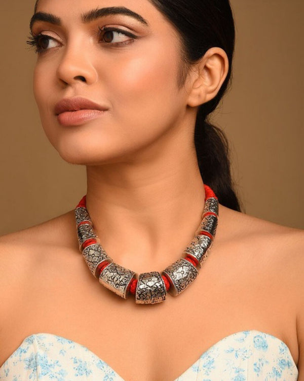Red Statement Pure German Silver Oxidized Necklace