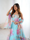 Sky Blue Floral Organza Party Wear Lehenga