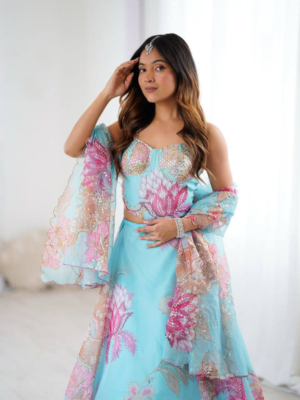 Sky Blue Floral Organza Party Wear Lehenga