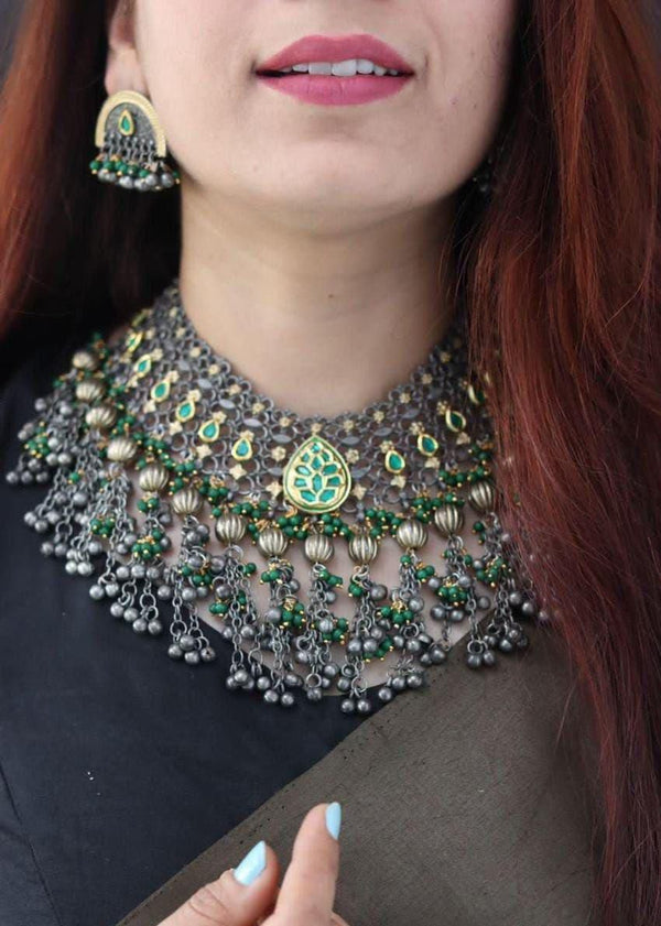 Afghani style Multi layered Choker necklace with Jhumki earrings