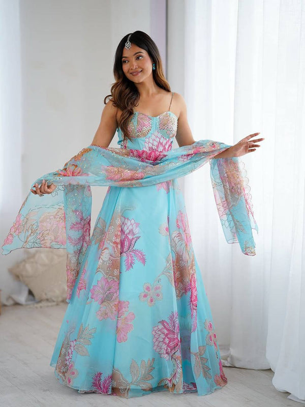 Sky Blue Floral Organza Party Wear Lehenga