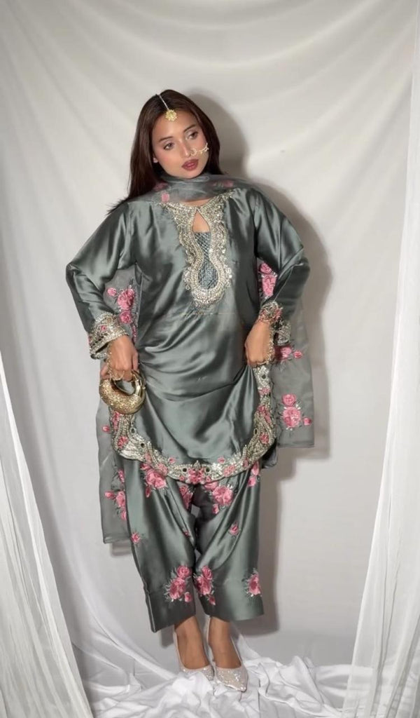 Floral SatinFarshi Kurti Salwar Set