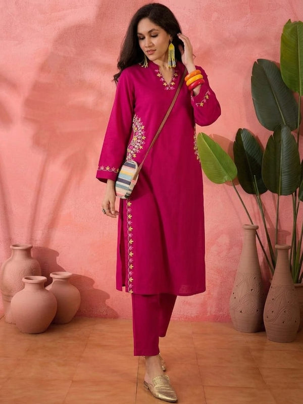 Casual Rayon Cotton Blend Embroidered Kurti Pant Set