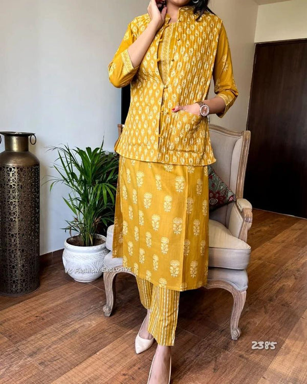 Jaipuri Yellow Cotton Floral Printed Kurti Pantwith Quilted Printed Jacket Salwar Suit Set