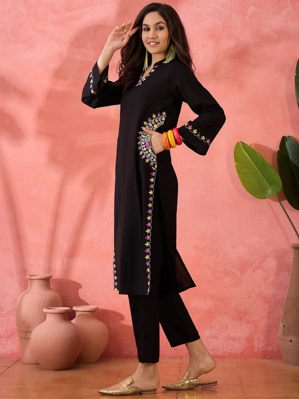 Casual Rayon Cotton Blend Embroidered Kurti Pant Set