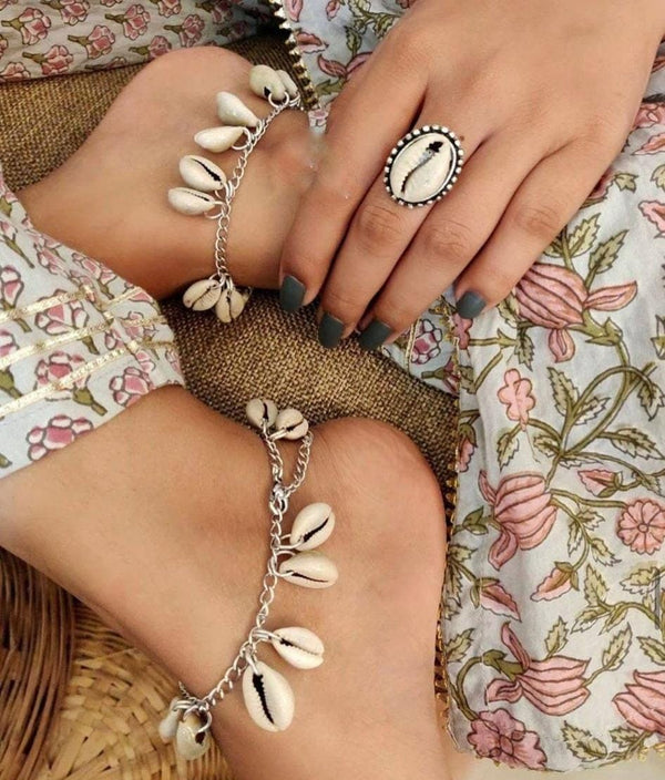 Real Shell Dainty German silver oxidized Anklet Payal and Ring Combo