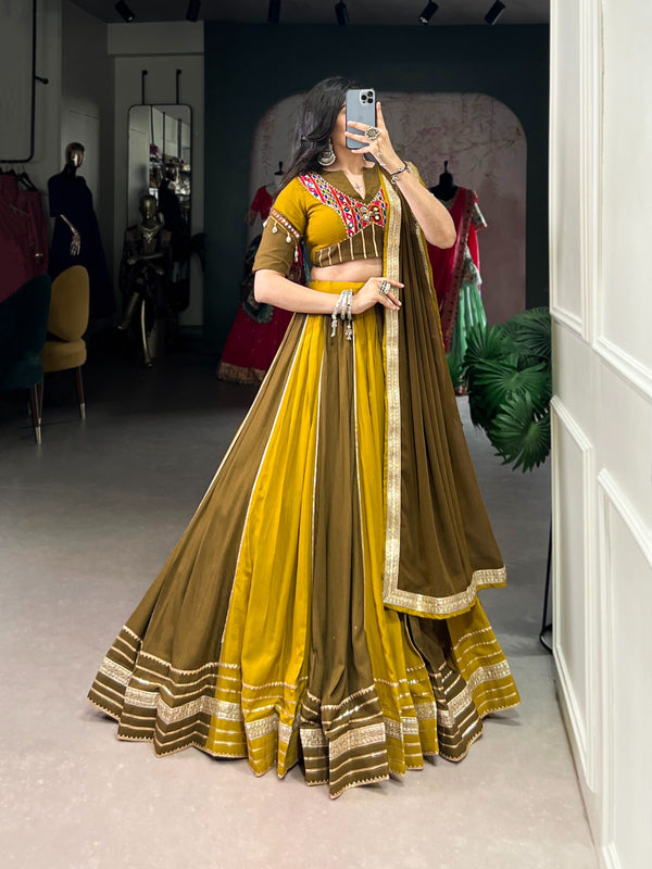 Kalidar Musturd yellow and Henna green Chaniya choli set