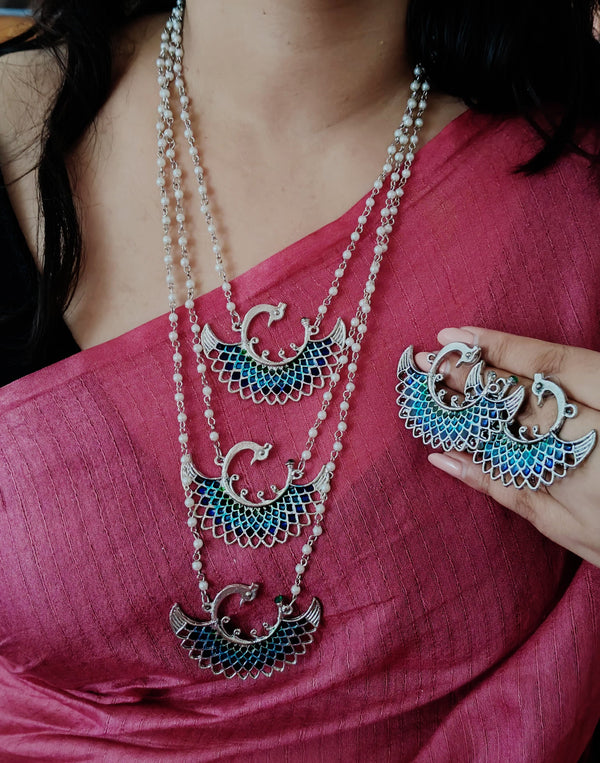 Layered Peacock Meenakari Statement Necklace with Earrings