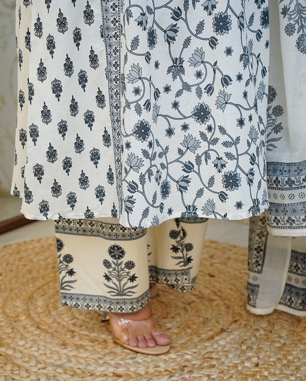 V Neckline white Floral kurti salwar suit set