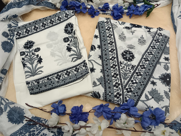 V Neckline white Floral kurti salwar suit set