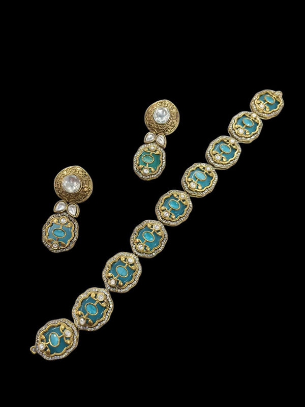 Statement Semi Precious Stones Choker Necklace with Earrings