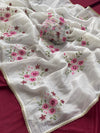 Classy Pink floral embroidery work saree on off white crush silk