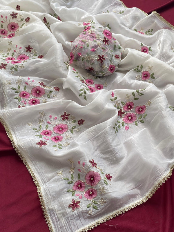 Classy Pink floral embroidery work saree on off white crush silk