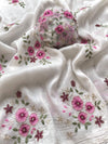 Classy Pink floral embroidery work saree on off white crush silk